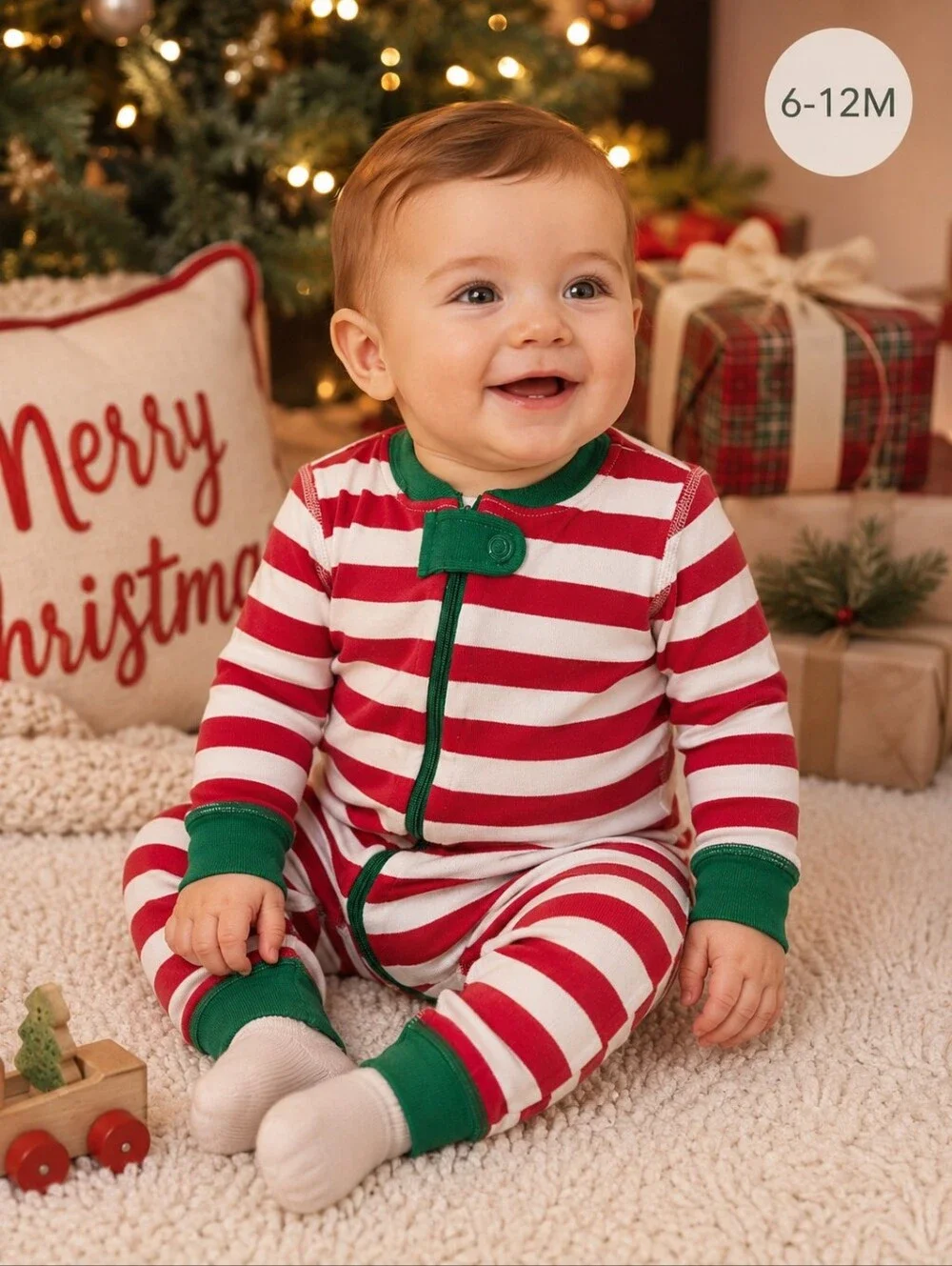 Hanna Andersson Red & White Striped Footed Zipper Pajamas with Green Trim